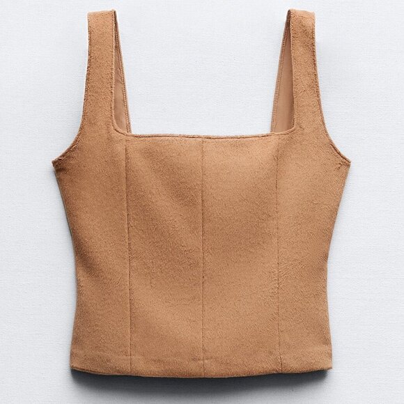 NEW Zara Soft Faux Fur, Wool Blend Bustier Corset-Style Cropped Top in Camel, XS - Picture 7 of 16